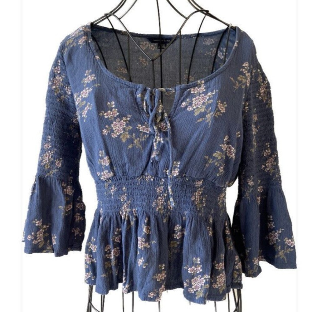 American Eagle 3/4 Sleeve Floral Ruched Keyhole Tie Neck Fit & Flare Blouse Sz S